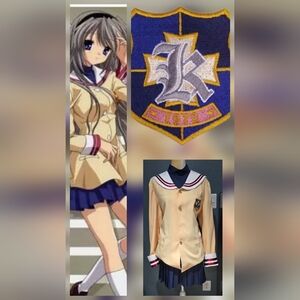 Clannad Cosplay Cream School-Style Uniform with Navy Trim and Crest Patch Sz 24